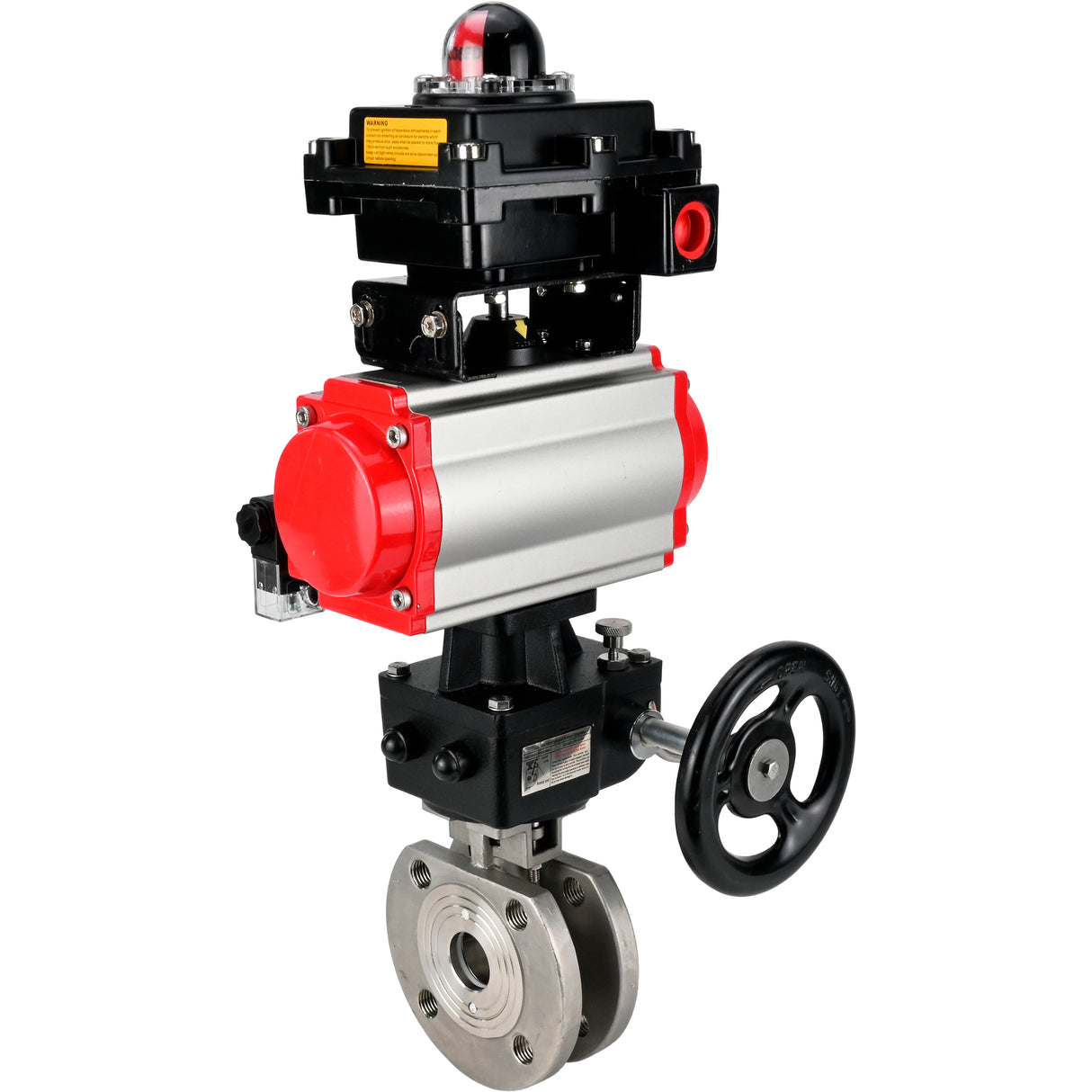 Edelstahl-Kugelhahn Elephant BVсFP.316.200 PSI232, voller Anschluss, Kompaktflansch, pneumatischer Antrieb Elephant DA doppeltwirkend, Handnotbetätigung HDM, pneumatischer Verteiler 4M310-08 24 V, Endschalterblock APL-410N EX