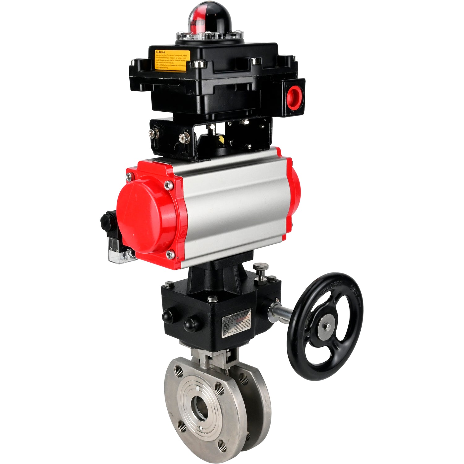 Edelstahl-Kugelhahn Elephant BVсFP.316.200 PSI232, voller Anschluss, Kompaktflansch, pneumatischer Antrieb Elephant DA doppeltwirkend, Handnotbetätigung HDM, pneumatischer Verteiler 4M310-08 24 V, Endschalterblock APL-410N EX