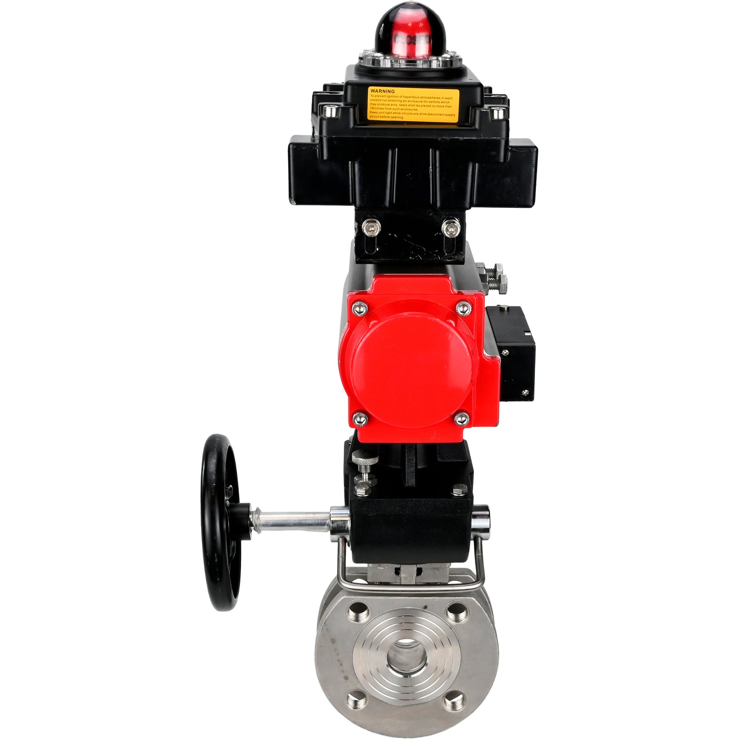 Edelstahl-Kugelhahn Elephant BVсFP.316.200 PSI232, voller Anschluss, Kompaktflansch, pneumatischer Antrieb Elephant DA doppeltwirkend, Handnotbetätigung HDM, pneumatischer Verteiler 4M310-08 24 V, Endschalterblock APL-410N EX