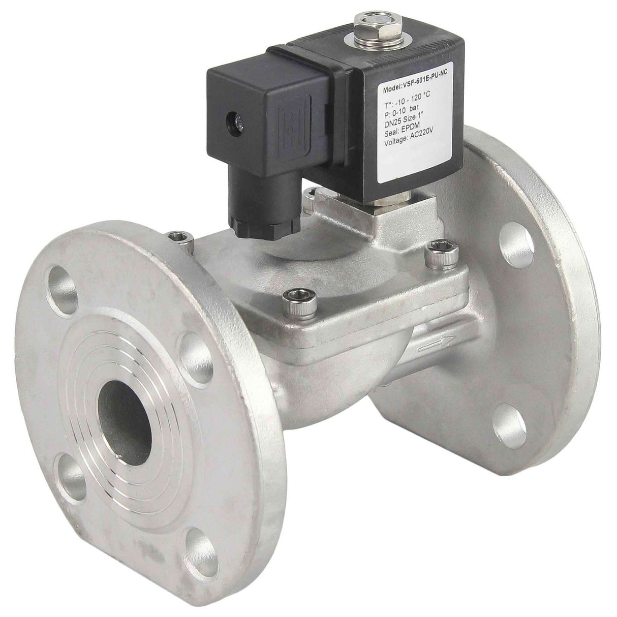 Zweiwege-Elektromagnetventil, normalerweise geschlossen, indirekt wirkend, Elephant VSF-601E-PU-NC EPDM 110/220 V, Gehäusematerial – Edelstahl AISI 304, Dichtung – EPDM