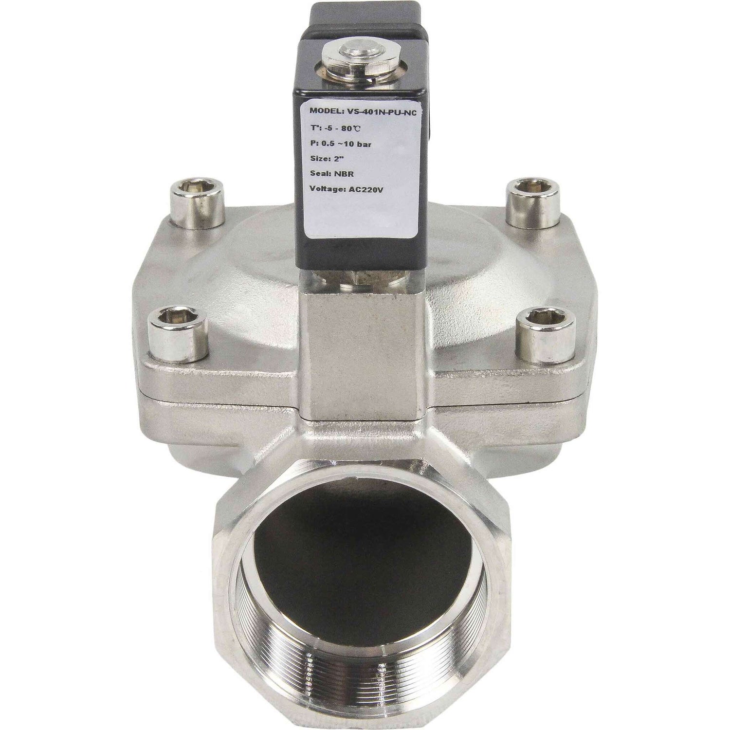 Zweiwege-Elektromagnetventil, normalerweise geschlossen, indirekt wirkend, Elephant VS2W-401V-PU-NC G VITON 24 V, Gehäusematerial – Edelstahl AISI 304, Dichtung – Viton