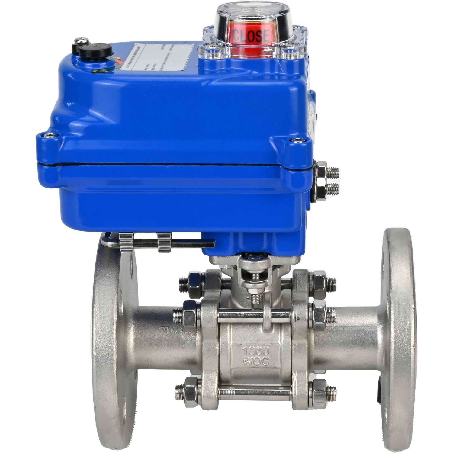 Edelstahl-Kugelhahn Elephant BVFPT-ISO.316.180 PSI580 dreiteilig, Gehäusematerial - Edelstahl SS316, Dichtung - PTFE, geflanscht, voller Durchgang, elektrischer Antrieb Elephant 003 blau 220 V