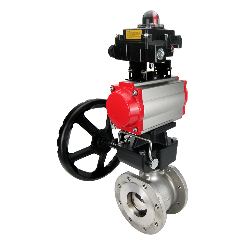 Edelstahl-Kugelhahn Elephant BVFP.316, pneumatischer Antrieb Elephant DA, Getriebe HDM, pneumatischer Verteiler 4M310-08 24 V, Endschalterblock APL-410N EX