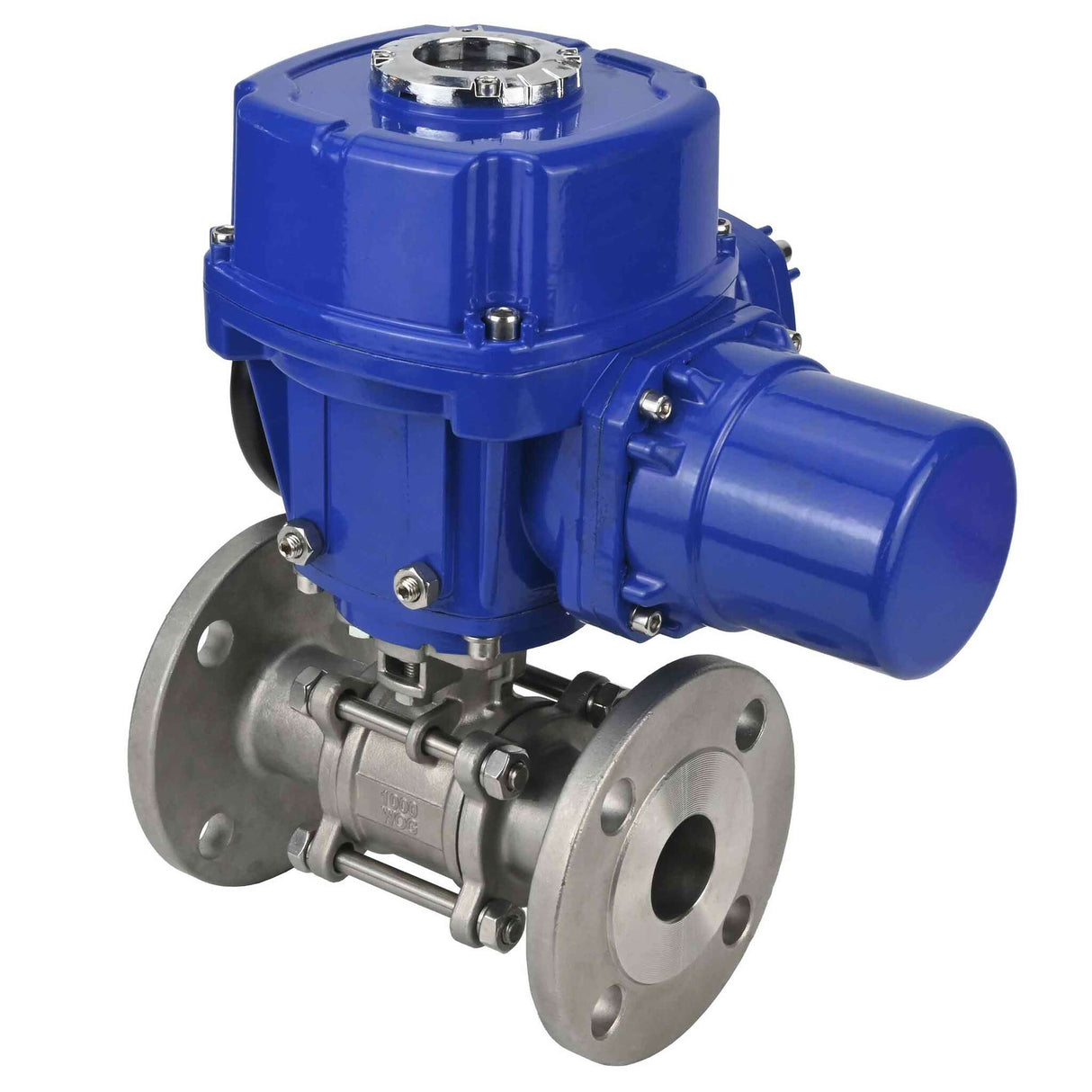 Edelstahl-Kugelhahn Elephant BVFPT.316.180 dreiteilig, Gehäusewerkstoff - Edelstahl SS316, Dichtung - PTFE, mit Flansch, voller Durchgang, elektrischer Schwenkantrieb Elephant QT-W (M) 220 V
