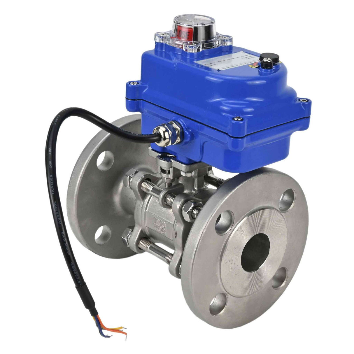 Edelstahl-Kugelhahn Elephant BVFPT-ISO.304.180 dreiteilig, Gehäusewerkstoff - Edelstahl SS304, Dichtung - PTFE, geflanscht, voller Durchgang, Elektroantrieb Elephant 003 blau 24 V