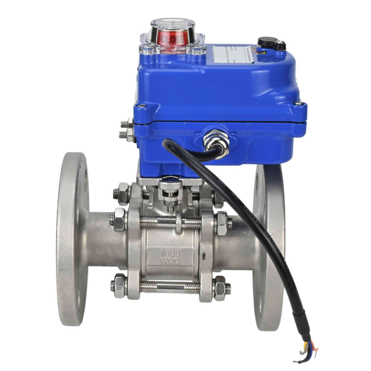 Edelstahl-Kugelhahn Elephant BVFPT-ISO.304.180 dreiteilig, Gehäusewerkstoff - Edelstahl SS304, Dichtung - PTFE, geflanscht, voller Durchgang, Elektroantrieb Elephant 003 blau 24 V