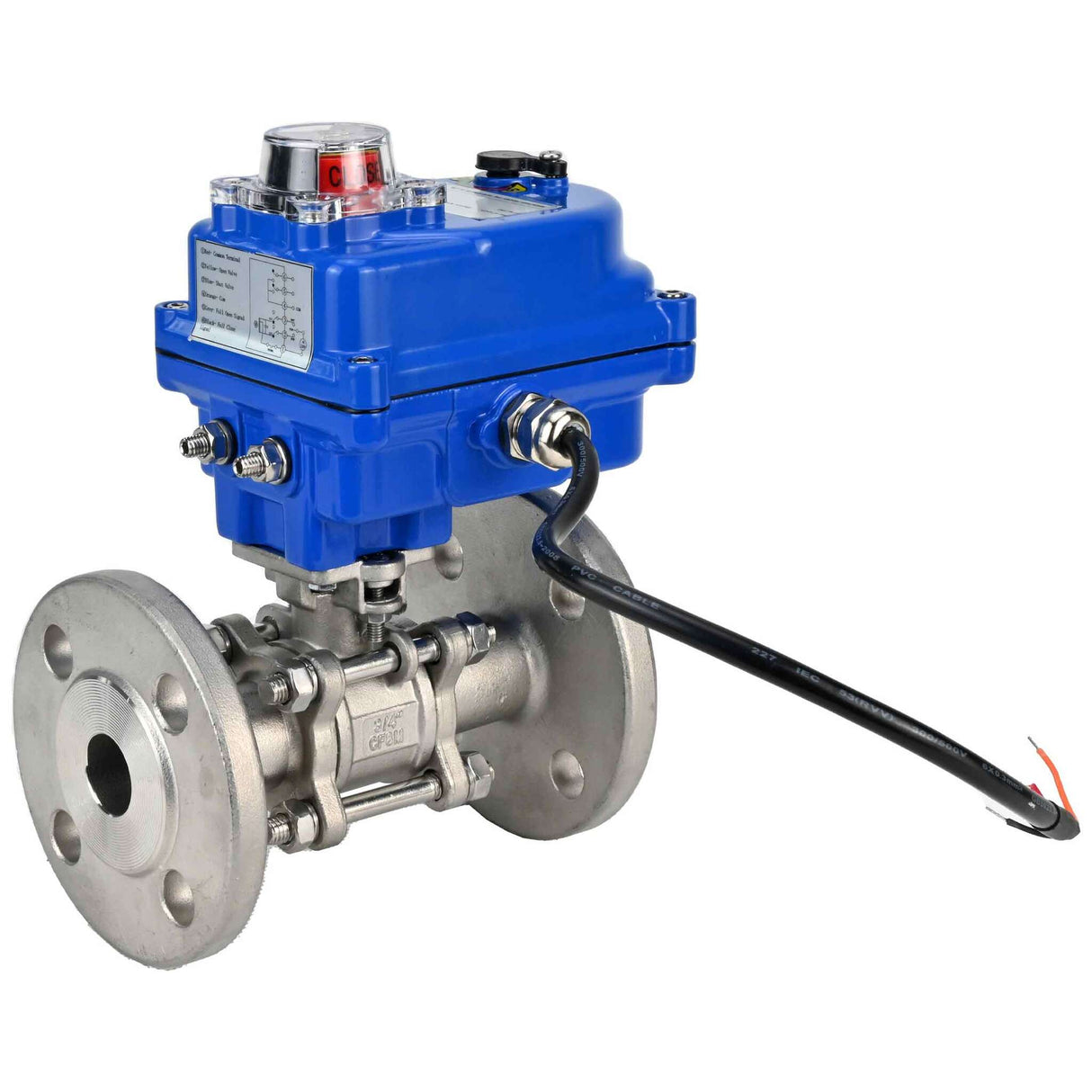 Edelstahl-Kugelhahn Elephant BVFPT-ISO.316.180 PSI580 dreiteilig, Gehäusematerial - Edelstahl SS316, Dichtung - PTFE, geflanscht, voller Durchgang, elektrischer Antrieb Elephant 003 blau 220 V