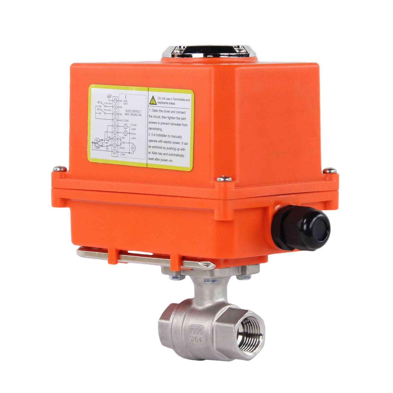 Kugelhahn aus Edelstahl Elephant BVMP.316.230-ISO PSI914, Gehäusematerial - Edelstahl AISI 316, Kugelmaterial - Edelstahl AISI 316, Dichtung - PTFE, Gewinde, Vierteldrehung elektrischer Antrieb Elephant-110/220В