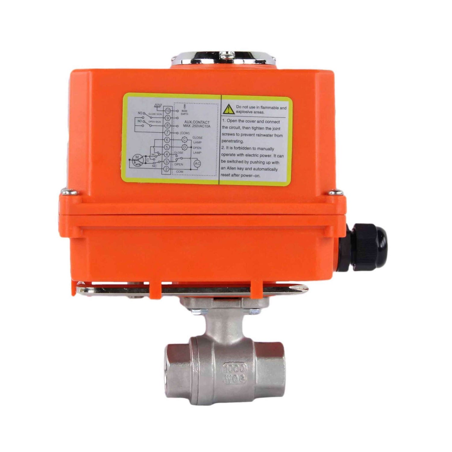 Kugelhahn aus Edelstahl Elephant BVMP.316.230-ISO PSI914, Gehäusematerial - Edelstahl AISI 316, Kugelmaterial - Edelstahl AISI 316, Dichtung - PTFE, Gewinde, Vierteldrehung elektrischer Antrieb Elephant-110/220В