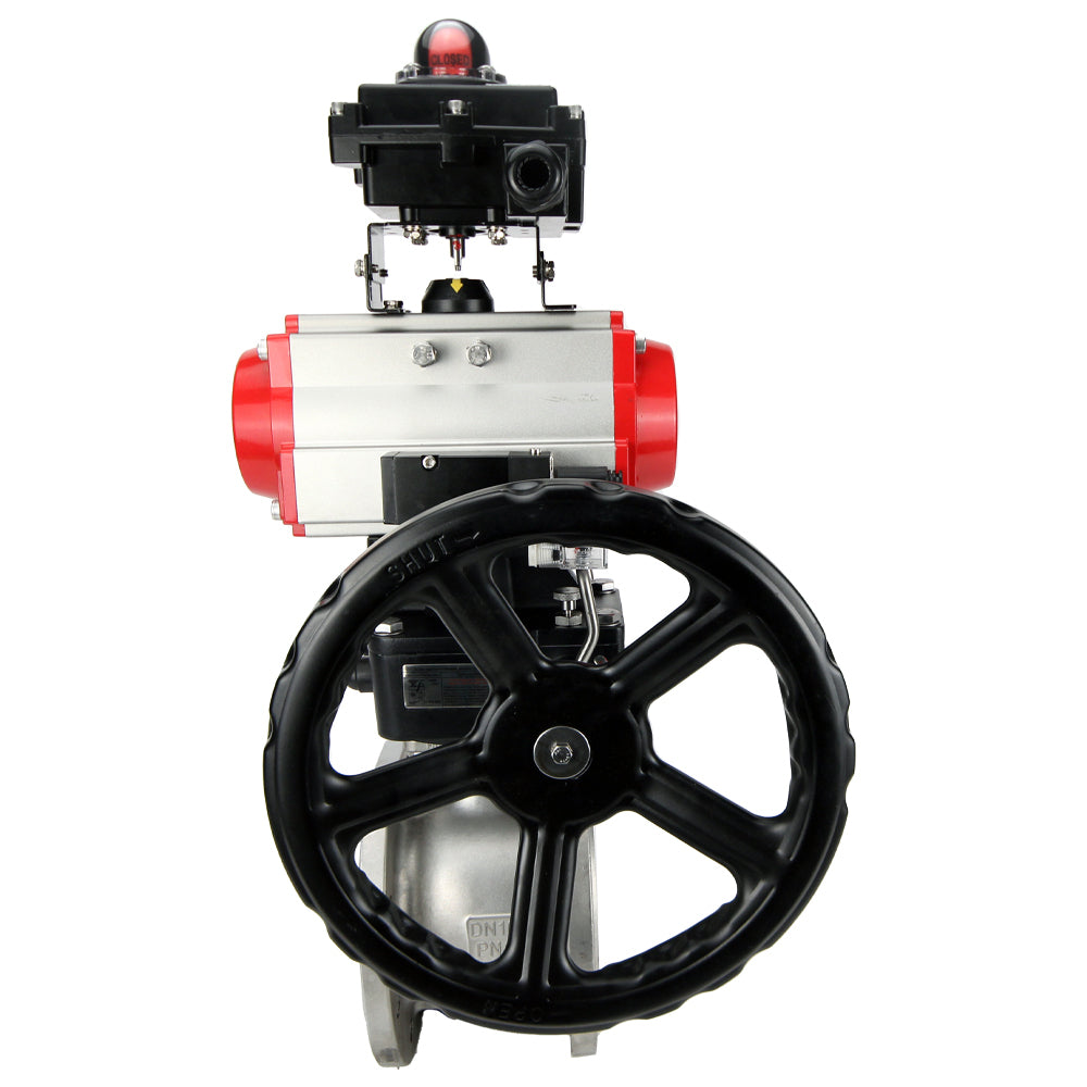 Kugelhahn aus Edelstahl Elephant BVFP.316, pneumatischer Antrieb Elephant DA, Getriebe HDM, Pneumatikverteiler 4M310-08 220 V, Endschalterblock APL-410N EX