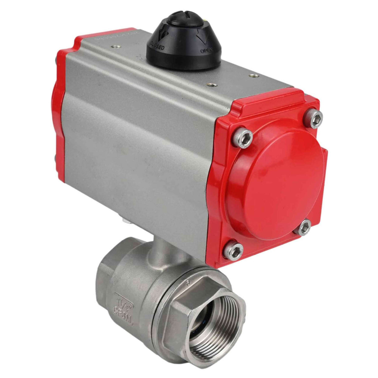 Kugelhahn aus Edelstahl Elephant BVMP.316.230-ISO PSI914, Gehäusematerial - Edelstahl AISI 316, Kugelmaterial - Edelstahl AISI 316, Dichtung - PTFE, Vollbohrung, Gewinde, doppeltwirkender pneumatischer Antrieb Elephant DA