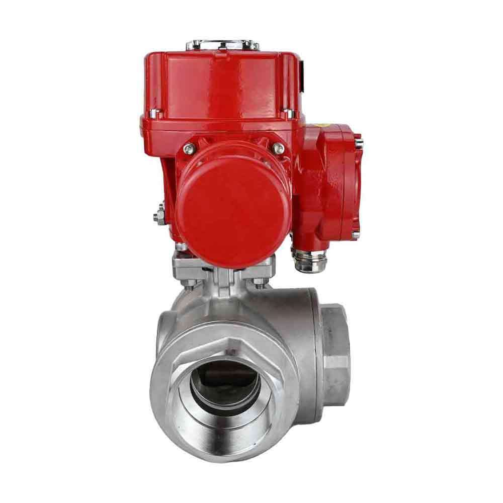 Edelstahl-Kugelhahn Elephant RP.SS316.200.MM.ISO 914 PSI mit Gewinde, Standardanschluss, Dreiweg, L-Typ, Gehäusematerial - Edelstahl AISI 316, mit elektrischem Schwenkantrieb Elephant QT-W (M) EX 220V