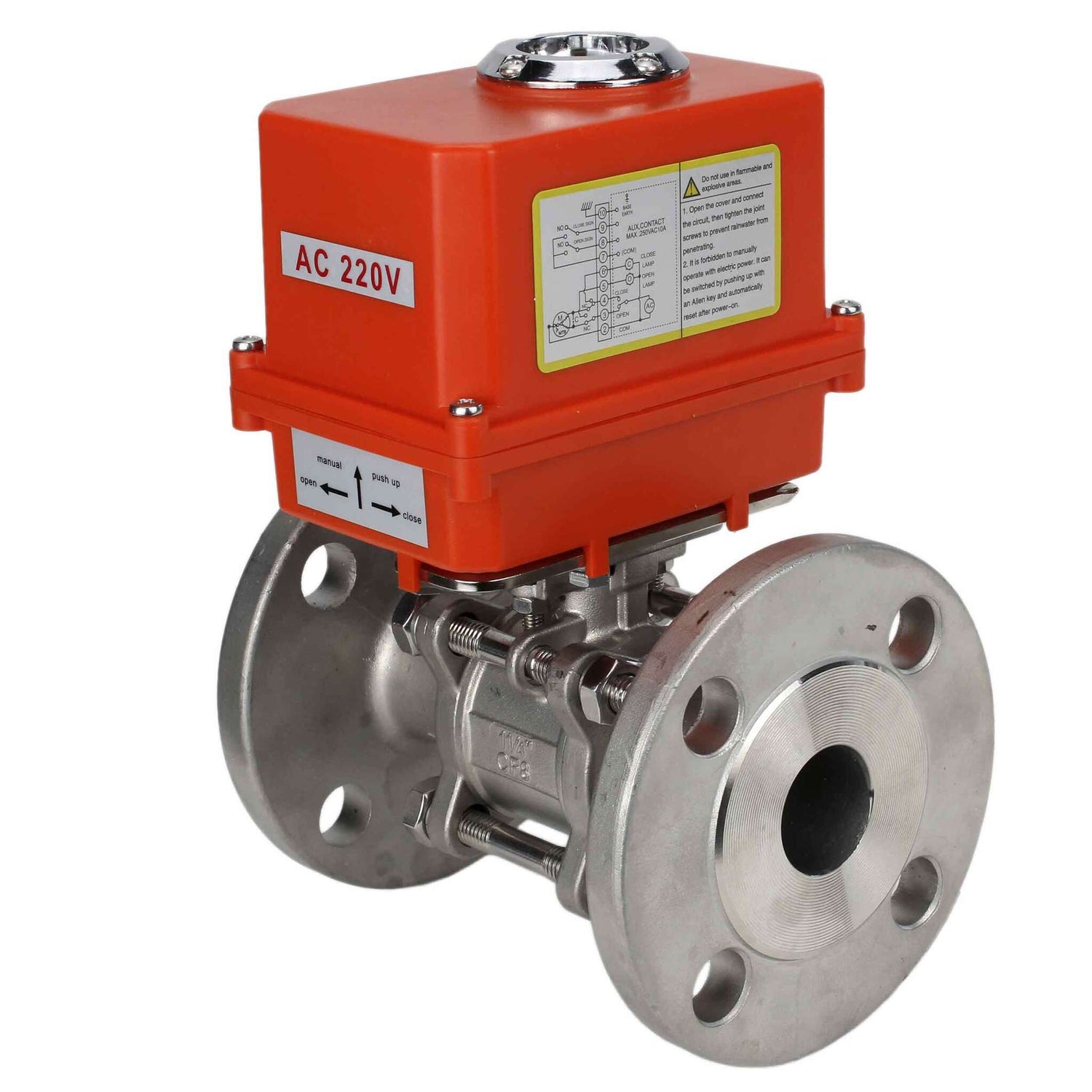 Kugelhahn aus Edelstahl Elephant ksfpt-304-180-110/220v, Gehäusematerial - Edelstahl AISI 304, Kugelmaterial - Edelstahl AISI 304, Dichtung - PTFE, elektrisch betätigter Antrieb