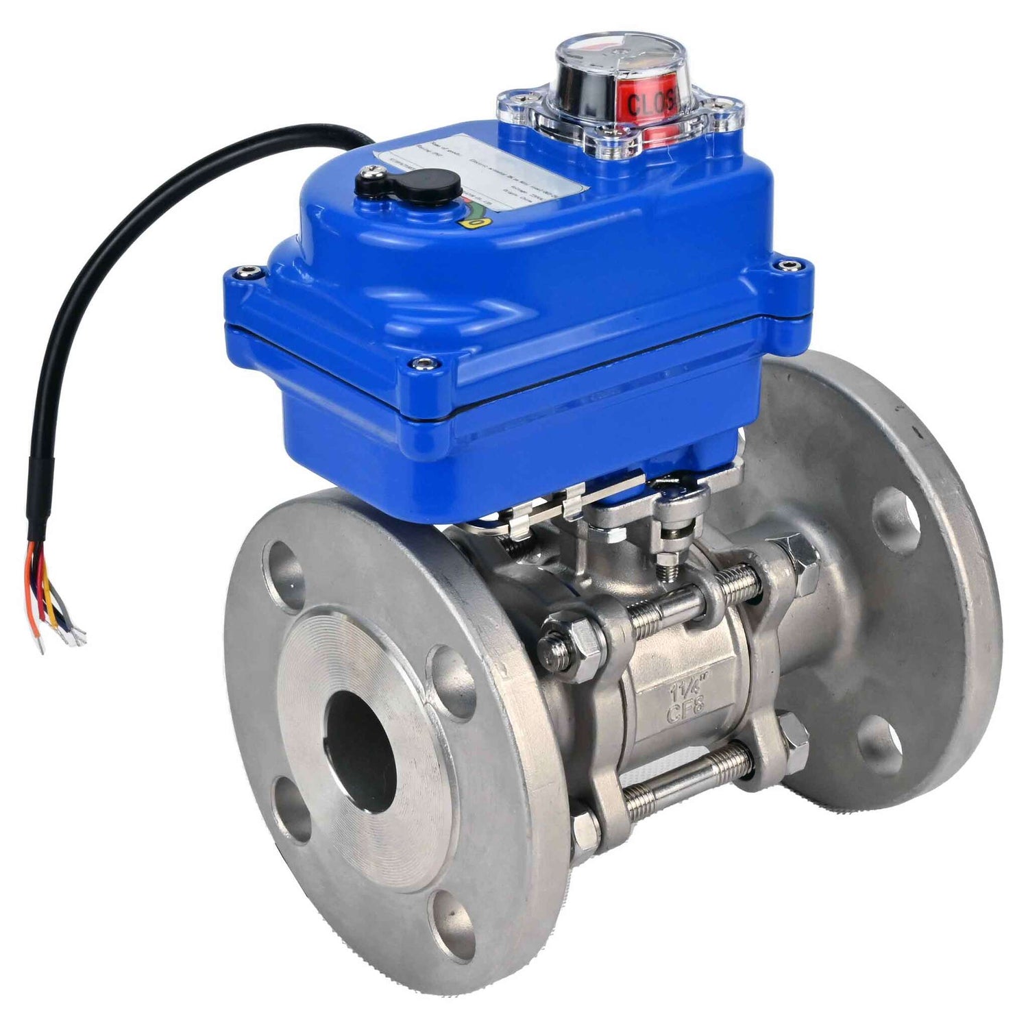 Edelstahl-Kugelhahn Elephant BVFPT-ISO.316.180 dreiteilig, Gehäusewerkstoff - Edelstahl SS316, Dichtung - PTFE, geflanscht, voller Durchgang, Elektroantrieb Elephant 003 blau 24 V