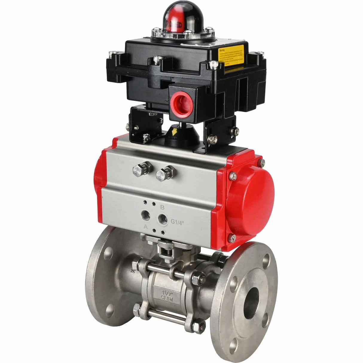 Edelstahl-Kugelhahn Elephant BVFPT-ISO.304.180 dreiteilig, Gehäusematerial - Edelstahl SS304, Dichtung - PTFE, geflanscht, voller Durchgang, pneumatischer Antrieb Elephant DA, Endschalterblock APL-410N EX