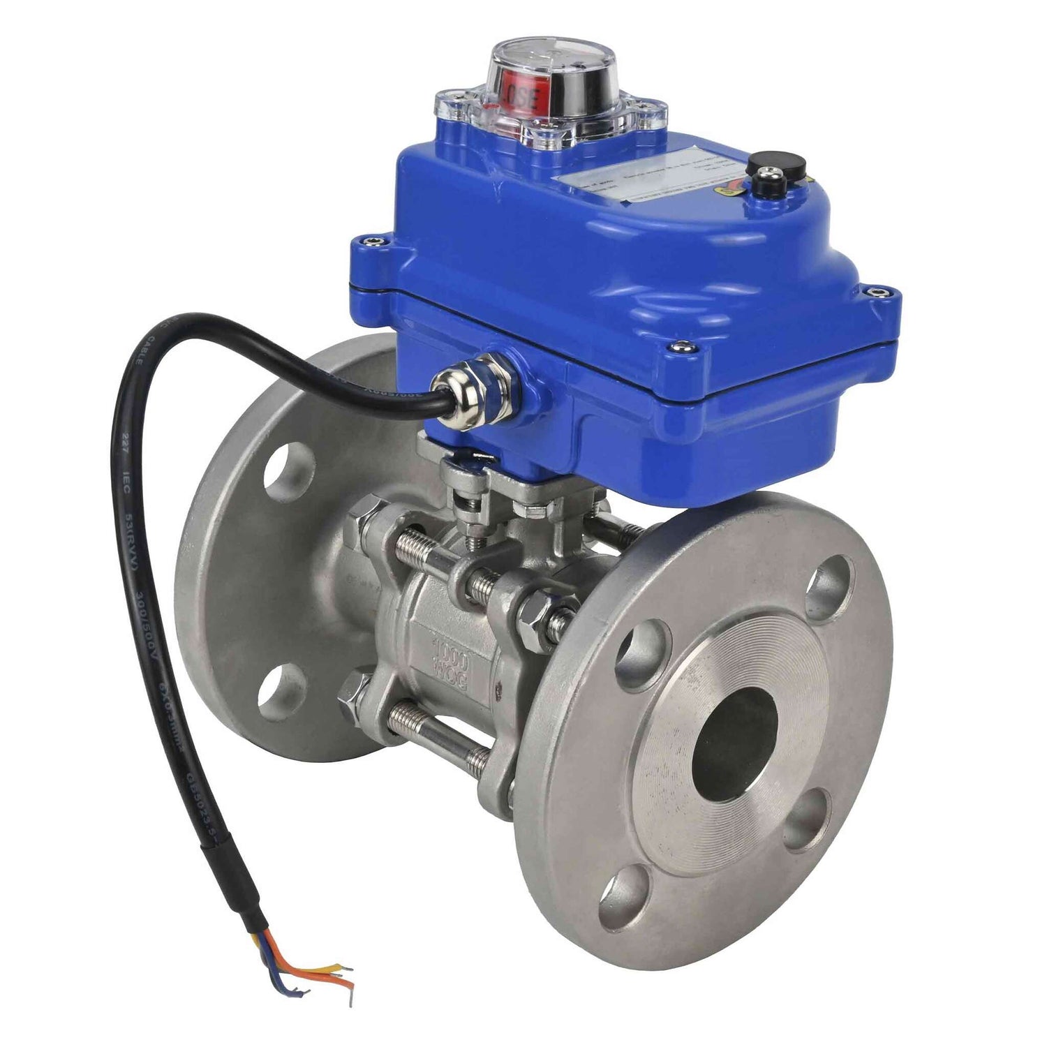 Edelstahl-Kugelhahn Elephant BVFPT-ISO.316.180 dreiteilig, Gehäusewerkstoff - Edelstahl SS316, Dichtung - PTFE, geflanscht, voller Durchgang, Elektroantrieb Elephant 003 blau 24 V