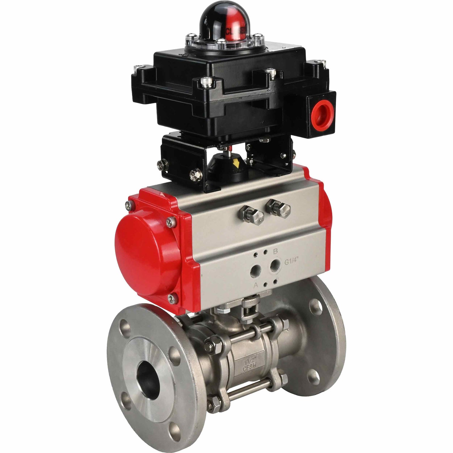 Edelstahl-Kugelhahn Elephant BVFPT-ISO.316.180 dreiteilig, Gehäusewerkstoff - Edelstahl SS316, Dichtung - PTFE, geflanscht, voller Durchgang, pneumatischer Antrieb Elephant SA, Endschalterblock APL-410N EX