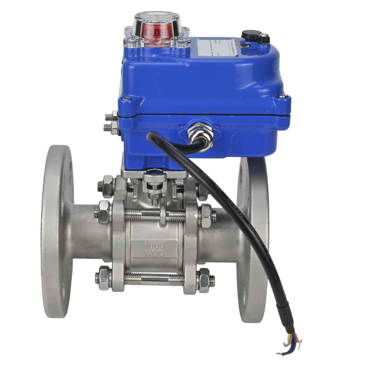 Edelstahl-Kugelhahn Elephant BVFPT-ISO.316.180 dreiteilig, Gehäusewerkstoff - Edelstahl SS316, Dichtung - PTFE, geflanscht, voller Durchgang, Elektroantrieb Elephant 003 blau 24 V