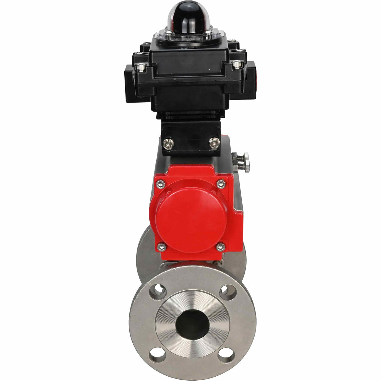 Edelstahl-Kugelhahn Elephant BVFPT-ISO.316.180 dreiteilig, Gehäusematerial - Edelstahl SS316, Dichtung - PTFE, geflanscht, voller Durchgang, pneumatischer Antrieb Elephant DA, Endschalterblock APL-410N EX