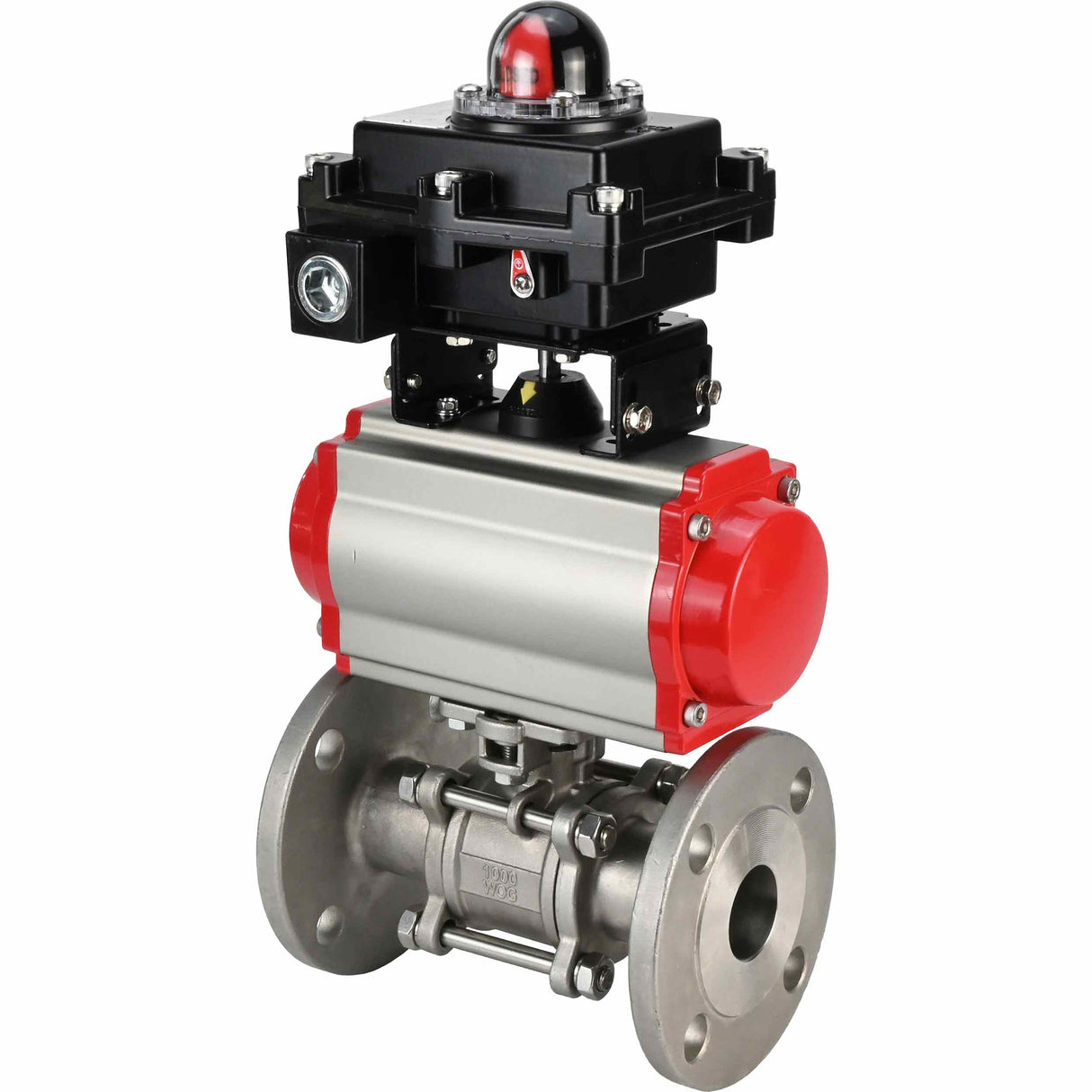 Edelstahl-Kugelhahn Elephant BVFPT-ISO.304.180 dreiteilig, Gehäusematerial - Edelstahl SS304, Dichtung - PTFE, geflanscht, voller Durchgang, pneumatischer Antrieb Elephant DA, Endschalterblock APL-410N EX