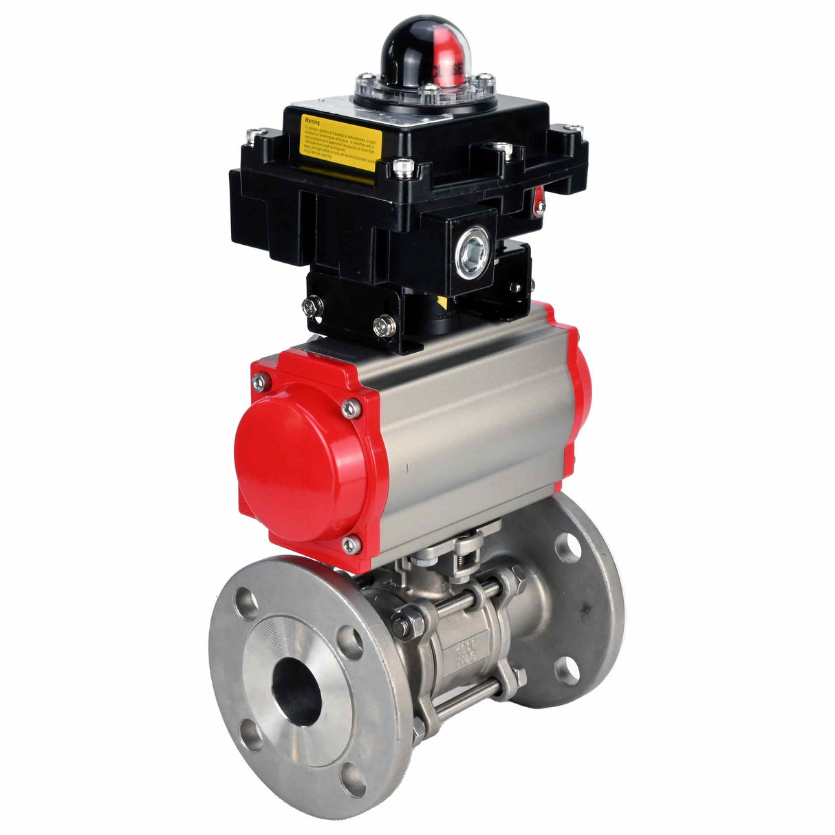 Edelstahl-Kugelhahn Elephant BVFPT-ISO.316.180 dreiteilig, Gehäusewerkstoff - Edelstahl SS316, Dichtung - PTFE, geflanscht, voller Durchgang, pneumatischer Antrieb Elephant SA, Endschalterblock APL-410N EX