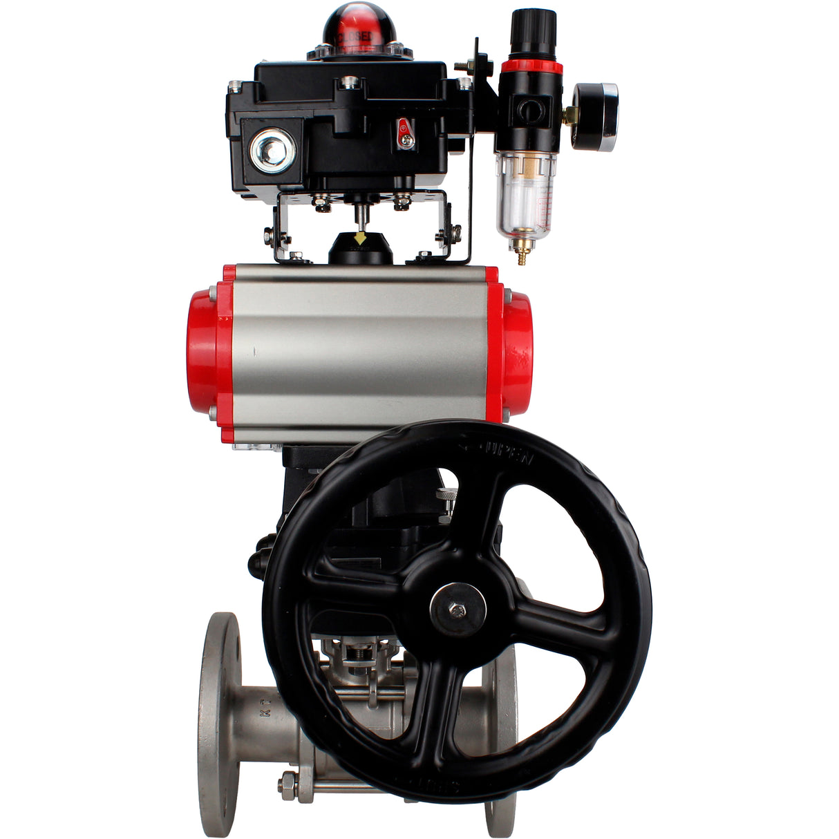 Ball valves Elephant BV3131P(3pc)-FP-F-ISO-H 16 bar, three-piece full bore flanged, stainless steel SS304, PTFE, with pneumatic actuator PA-DA, with pneumatic distributor 4M310-08 24V, with LSU APL- 410N EX, with manual Doubler MON1-250-T26-ISO, with ATU