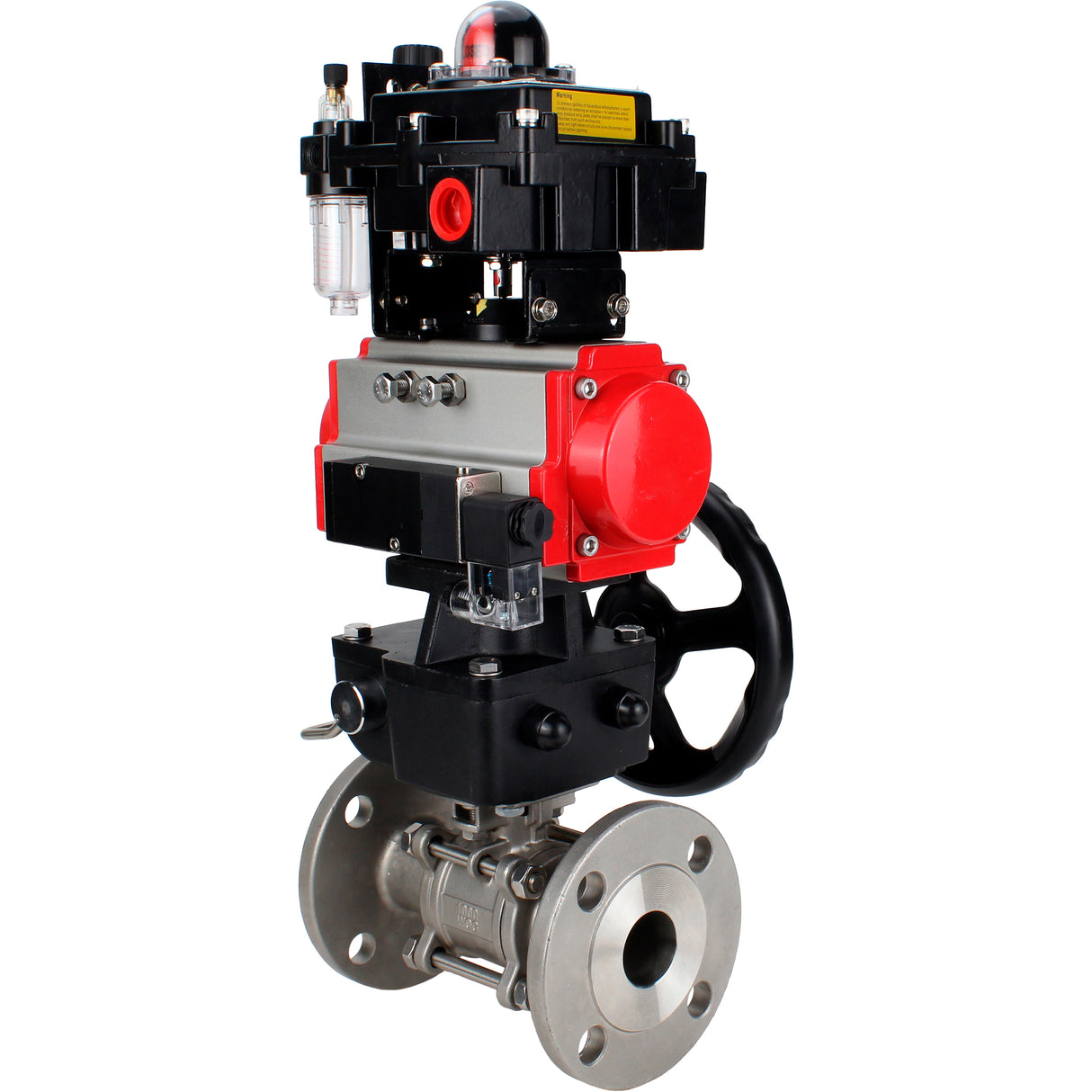 Ball valves Elephant BV3131P(3pc)-FP-F-ISO-H 16 bar, three-piece full bore flanged, stainless steel SS304, PTFE, with pneumatic actuator PA-DA, with pneumatic distributor 4M310-08 24V, with LSU APL- 410N EX, with manual Doubler MON1-250-T26-ISO, with ATU