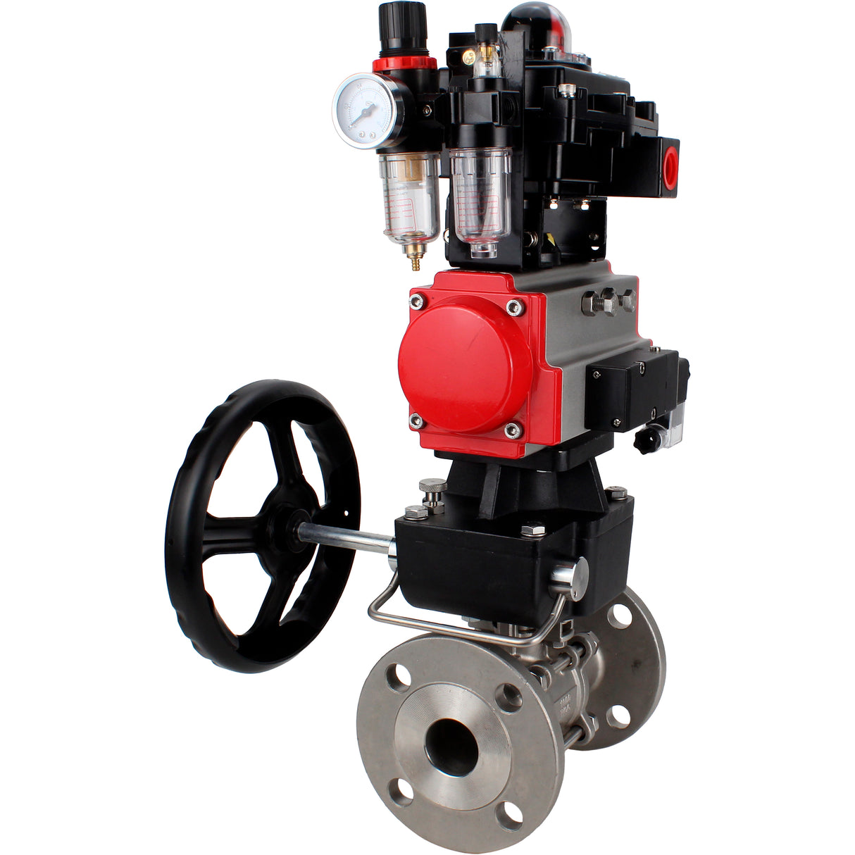 Ball valves Elephant BV3131P(3pc)-FP-F-ISO-H 16 bar, three-piece full bore flanged, stainless steel SS304, PTFE, with pneumatic actuator PA-DA, with pneumatic distributor 4M310-08 24V, with LSU APL- 410N EX, with manual Doubler MON1-250-T26-ISO, with ATU