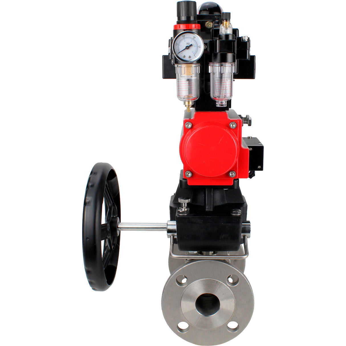 Ball valves Elephant BV3131P(3pc)-FP-F-ISO-H 16 bar, three-piece full bore flanged, stainless steel SS304, PTFE, with pneumatic actuator PA-DA, with pneumatic distributor 4M310-08 24V, with LSU APL- 410N EX, with manual Doubler MON1-250-T26-ISO, with ATU