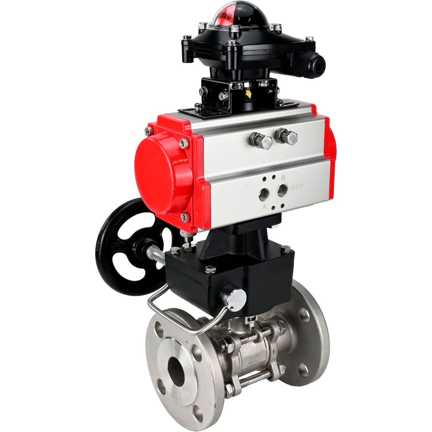 Kugelhahn aus Edelstahl Elephant ksfpt-304-180-da-apl210n-hdm, Gehäusematerial - Edelstahl AISI 304, Kugelmaterial - Edelstahl AISI 304, Dichtung - PTFE, pneumatisch betätigt