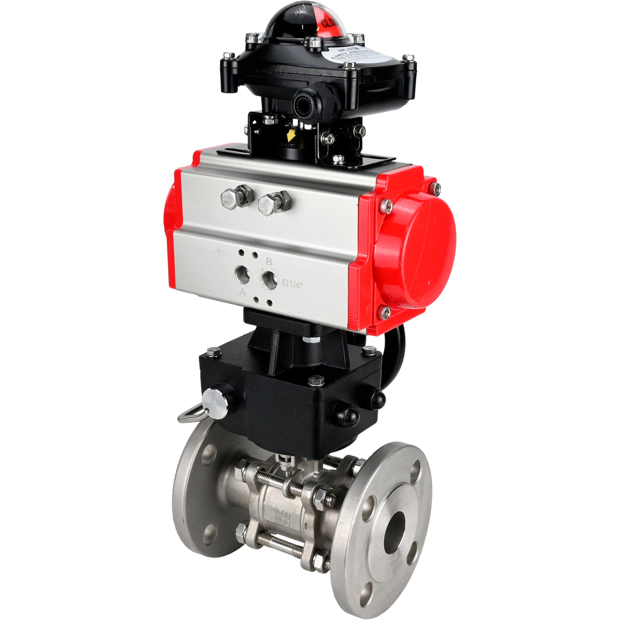 Kugelhahn aus Edelstahl Elephant ksfpt-304-180-da-apl210n-hdm, Gehäusematerial - Edelstahl AISI 304, Kugelmaterial - Edelstahl AISI 304, Dichtung - PTFE, pneumatisch betätigt