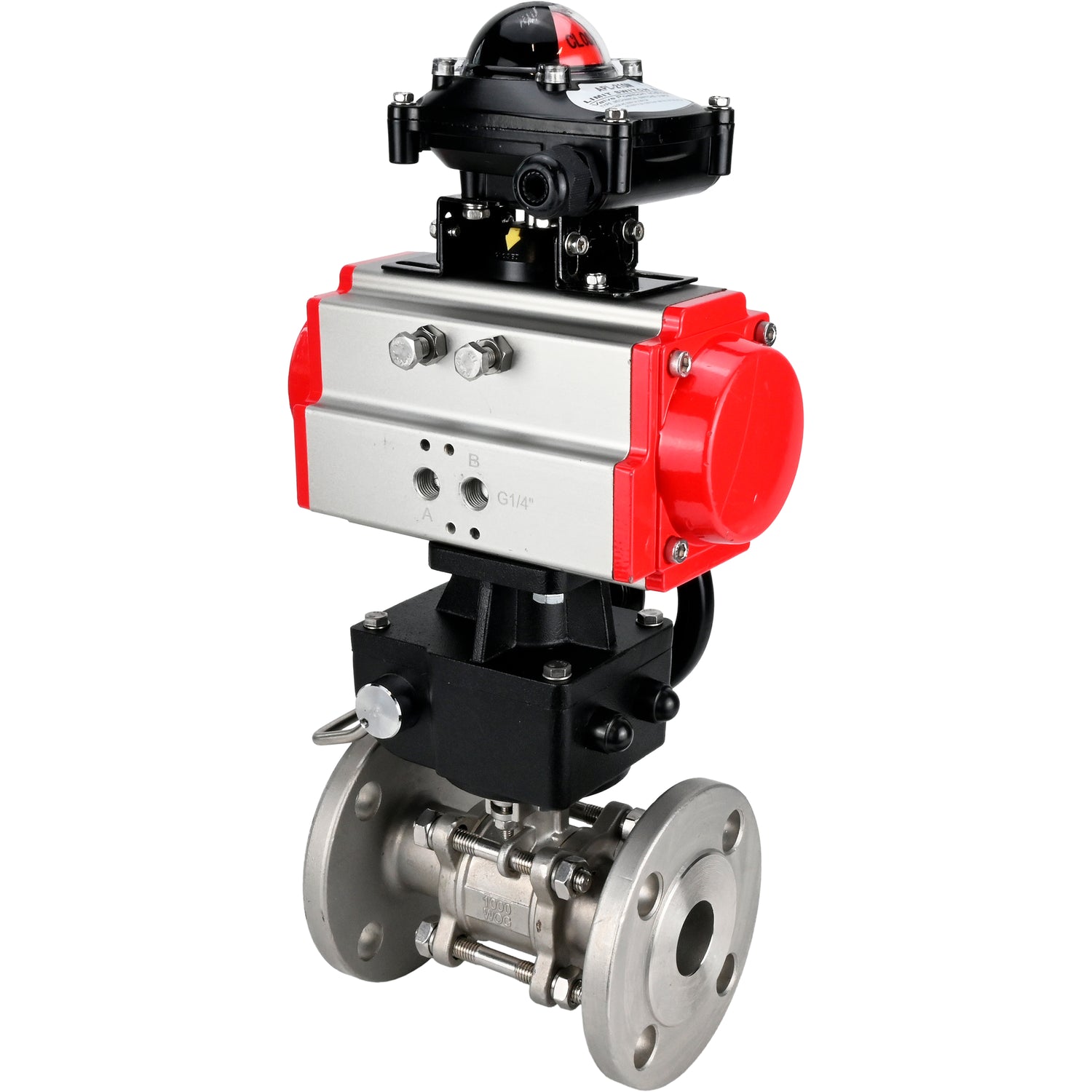 Kugelhahn aus Edelstahl Elephant ksfpt-304-180-da-apl210n-hdm, Gehäusematerial - Edelstahl AISI 304, Kugelmaterial - Edelstahl AISI 304, Dichtung - PTFE, pneumatisch betätigt