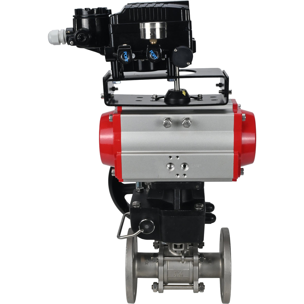 Kugelhahn aus Edelstahl Elephant ksfpt-316-180-da-yt1000rsn-hdm, Gehäusematerial - Edelstahl AISI 316, Kugelmaterial - Edelstahl AISI 316, Dichtung - PTFE, pneumatisch betätigt