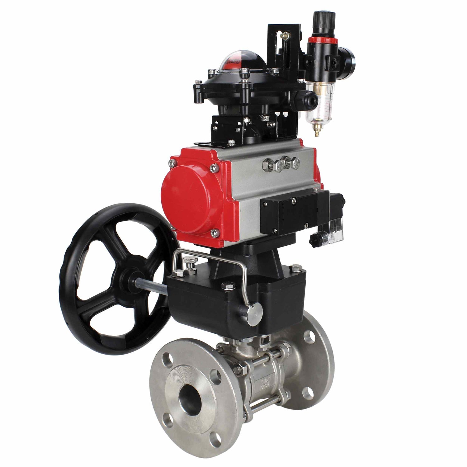 Kugelhahn aus Edelstahl Elephant ksfpt-304-180-da-4m310-24v-apl210n-hdm-afc2000, Gehäusematerial - Edelstahl AISI 304, Kugelmaterial - Edelstahl AISI 304, Dichtung - PTFE, pneumatisch betätigter Antrieb