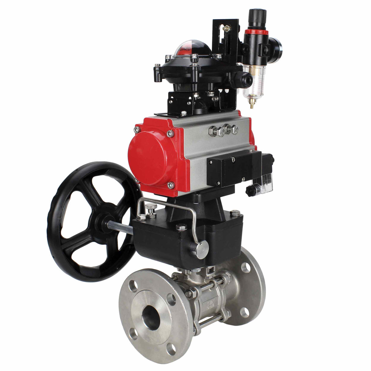 Kugelhahn aus Edelstahl Elephant ksfpt-304-180-da-4m310-110/220v-apl210n-hdm-afc2000, Gehäusematerial - Edelstahl AISI 304, Kugelmaterial - Edelstahl AISI 304, Dichtung - PTFE, pneumatisch betätigter Antrieb