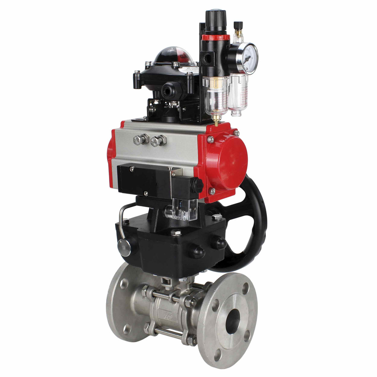 Kugelhahn aus Edelstahl Elephant ksfpt-304-180-da-4m310-24v-apl210n-hdm-afc2000, Gehäusematerial - Edelstahl AISI 304, Kugelmaterial - Edelstahl AISI 304, Dichtung - PTFE, pneumatisch betätigter Antrieb