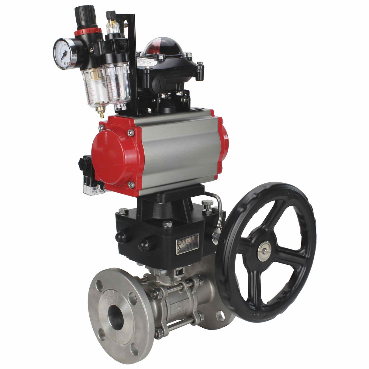 Kugelhahn aus Edelstahl Elephant ksfpt-304-180-da-4m310-24v-apl210n-hdm-afc2000, Gehäusematerial - Edelstahl AISI 304, Kugelmaterial - Edelstahl AISI 304, Dichtung - PTFE, pneumatisch betätigter Antrieb