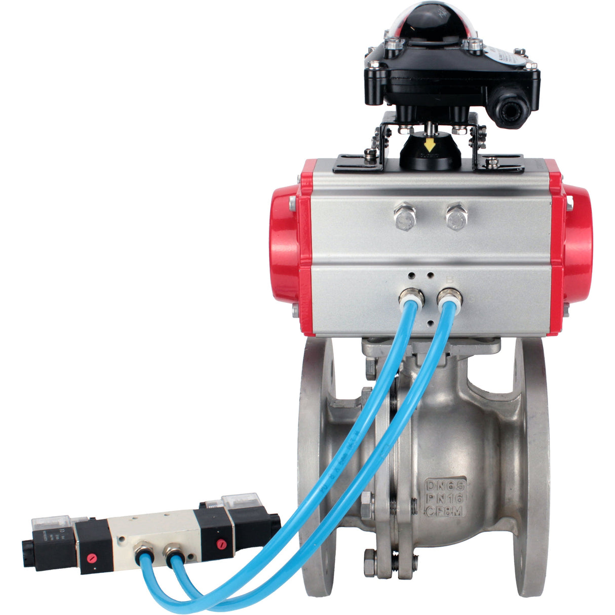 Kugelhähne Elephant BV3232P(2 Stück)-FP-F-ISO-H, voll durchgängig, Flansch, Edelstahl SS316, Dichtung - PTFE, mit pneumatischem Antrieb PA-SA mit Rückstellfedern, mit pneumatischem Verteiler 4V320-10 220V, mit LSU APL-210N