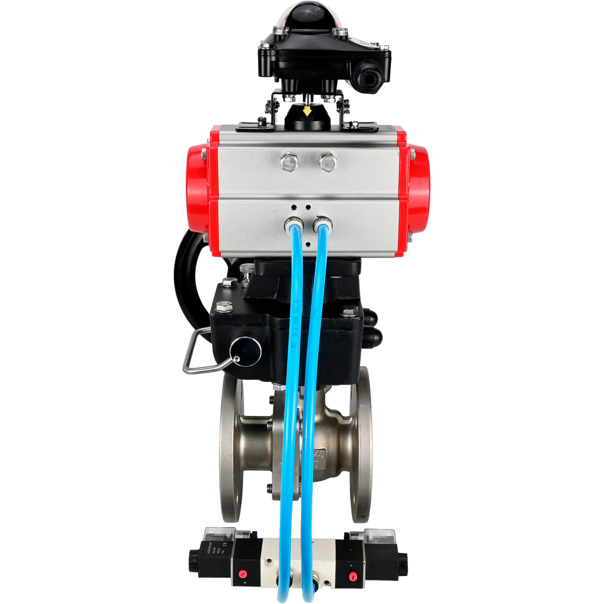 Kugelhähne Elephant BV3232P(2 Stück)-FP-F-ISO-H DN15-300 16 bar/16, voll durchgangsflansch, Edelstahl SS316, Dichtung - PTFE, mit doppeltwirkendem PA-DA Pneumatik-Antrieb, mit Pneumatikverteiler 4V320-08 220V, mit LSU APL-210N, mit manuellem Doubler MON