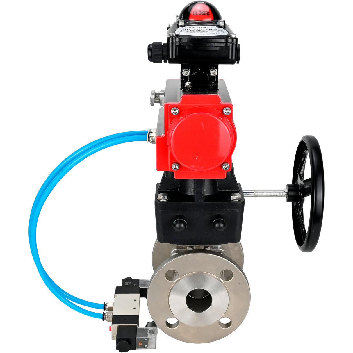 Kugelhähne Elephant BV3232P(2 Stück)-FP-F-ISO-H DN15-300 16 bar/16, voll durchgangsflansch, Edelstahl SS316, Dichtung - PTFE, mit doppeltwirkendem PA-DA Pneumatik-Antrieb, mit Pneumatikverteiler 4V320-08 220V, mit LSU APL-210N, mit manuellem Doubler MON