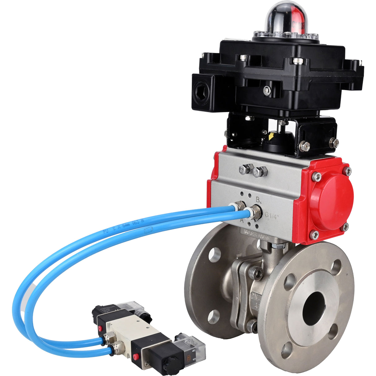 Kugelhähne Elephant BV3232P(2 Stück)-FP-F-ISO-H DN15-300 16 bar/16, voll durchgangsflansch, Edelstahl SS316, Dichtung - PTFE, mit pneumatischem Antrieb PA-SA mit Rückstellfedern, mit pneumatischem Verteiler 4V320-08 220V, mit LSU APL-410N EX