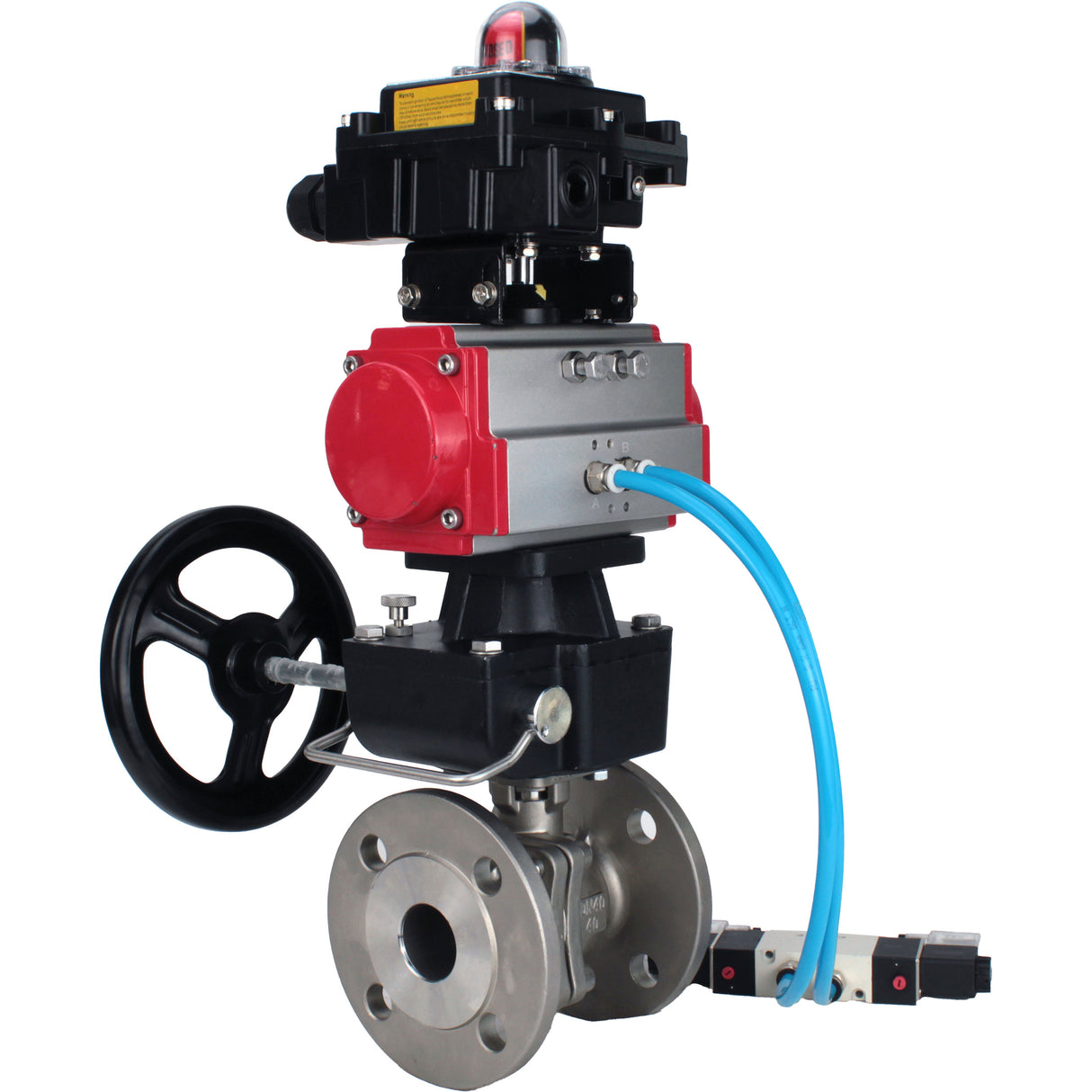 Kugelhähne Elephant BV3232P(2 Stück)-FP-F-ISO-H, Vollbohrung mit Flansch, Edelstahl SS316, PTFE, mit doppeltwirkendem PA-DA Pneumatik-Antrieb, mit pneumatischem Verteiler 4V320-08 220V, mit LSU APL -410N EX, mit manuellem Doubler MON