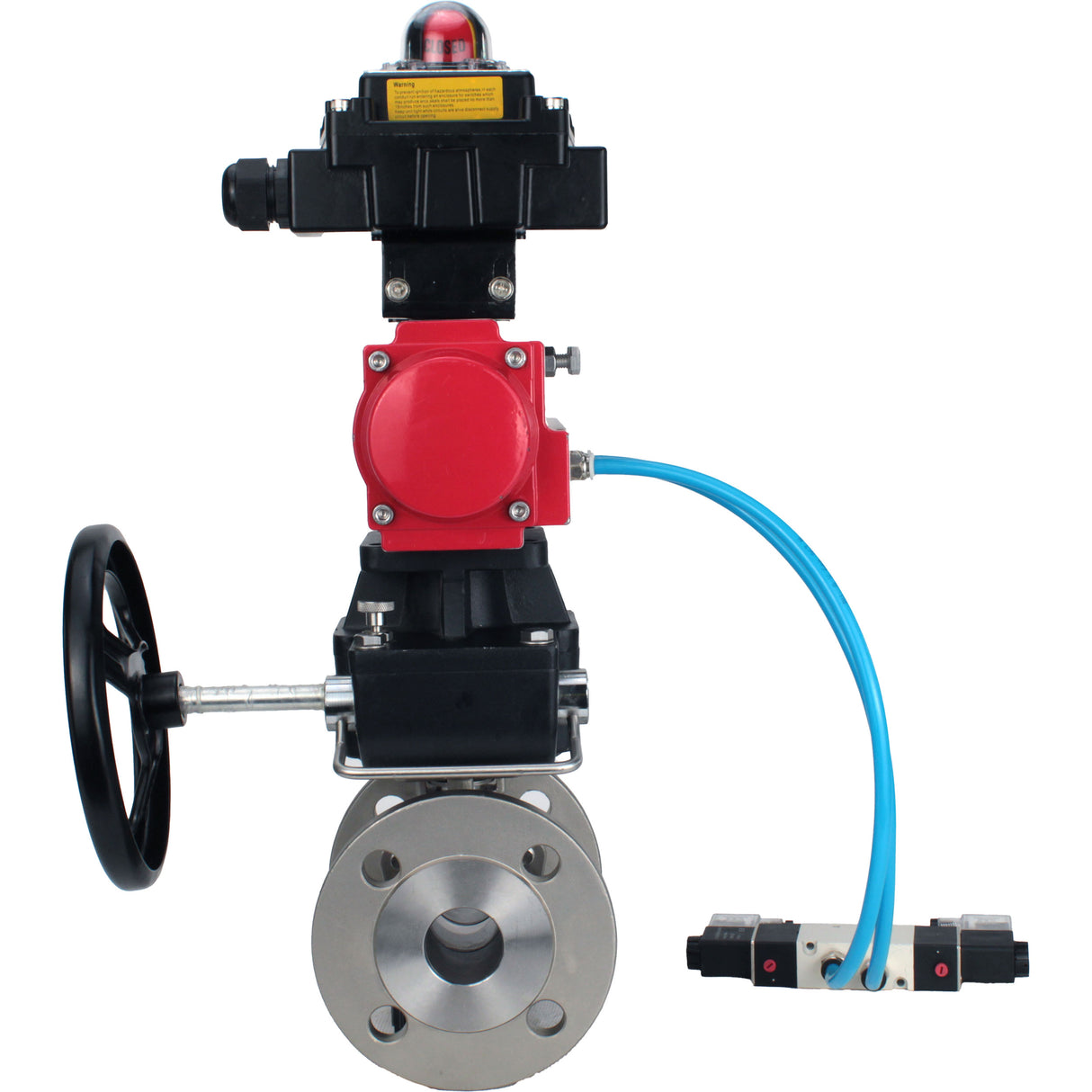 Kugelhähne Elephant BV3232P(2 Stück)-FP-F-ISO-H, Vollbohrung mit Flansch, Edelstahl SS316, PTFE, mit doppeltwirkendem PA-DA Pneumatik-Antrieb, mit pneumatischem Verteiler 4V320-08 220V, mit LSU APL -410N EX, mit manuellem Doubler MON