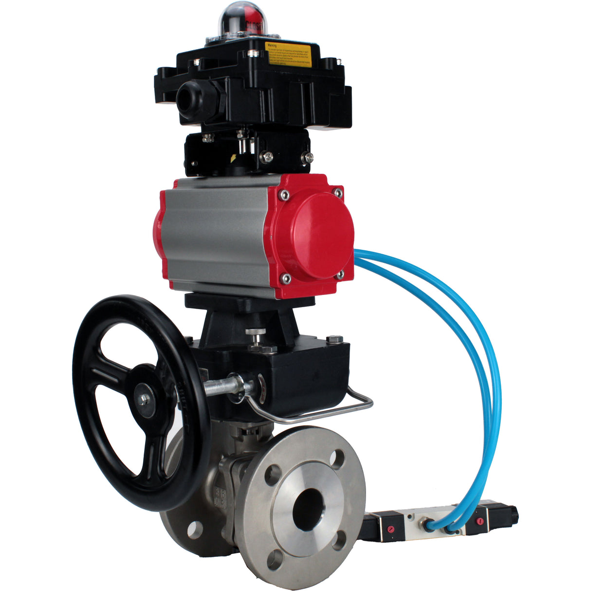 Kugelhähne Elephant BV3232P(2 Stück)-FP-F-ISO-H, Vollbohrung mit Flansch, Edelstahl SS316, PTFE, mit doppeltwirkendem PA-DA Pneumatik-Antrieb, mit pneumatischem Verteiler 4V320-08 220V, mit LSU APL -410N EX, mit manuellem Doubler MON