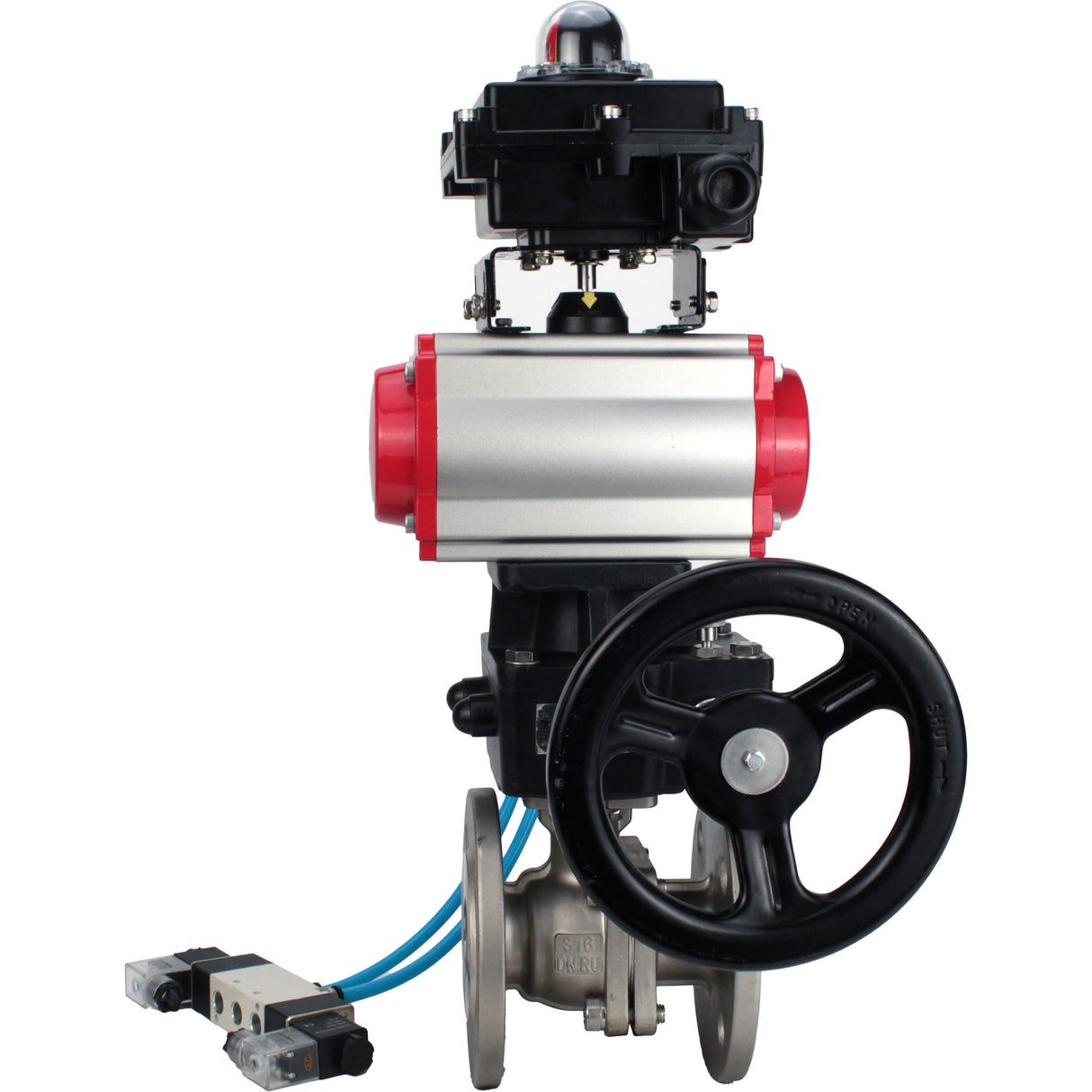 Kugelhähne Elephant BV3232P(2 Stück)-FP-F-ISO-H, Vollbohrung mit Flansch, Edelstahl SS316, PTFE, mit doppeltwirkendem PA-DA Pneumatik-Antrieb, mit pneumatischem Verteiler 4V320-08 220V, mit LSU APL -410N EX, mit manuellem Doubler MON