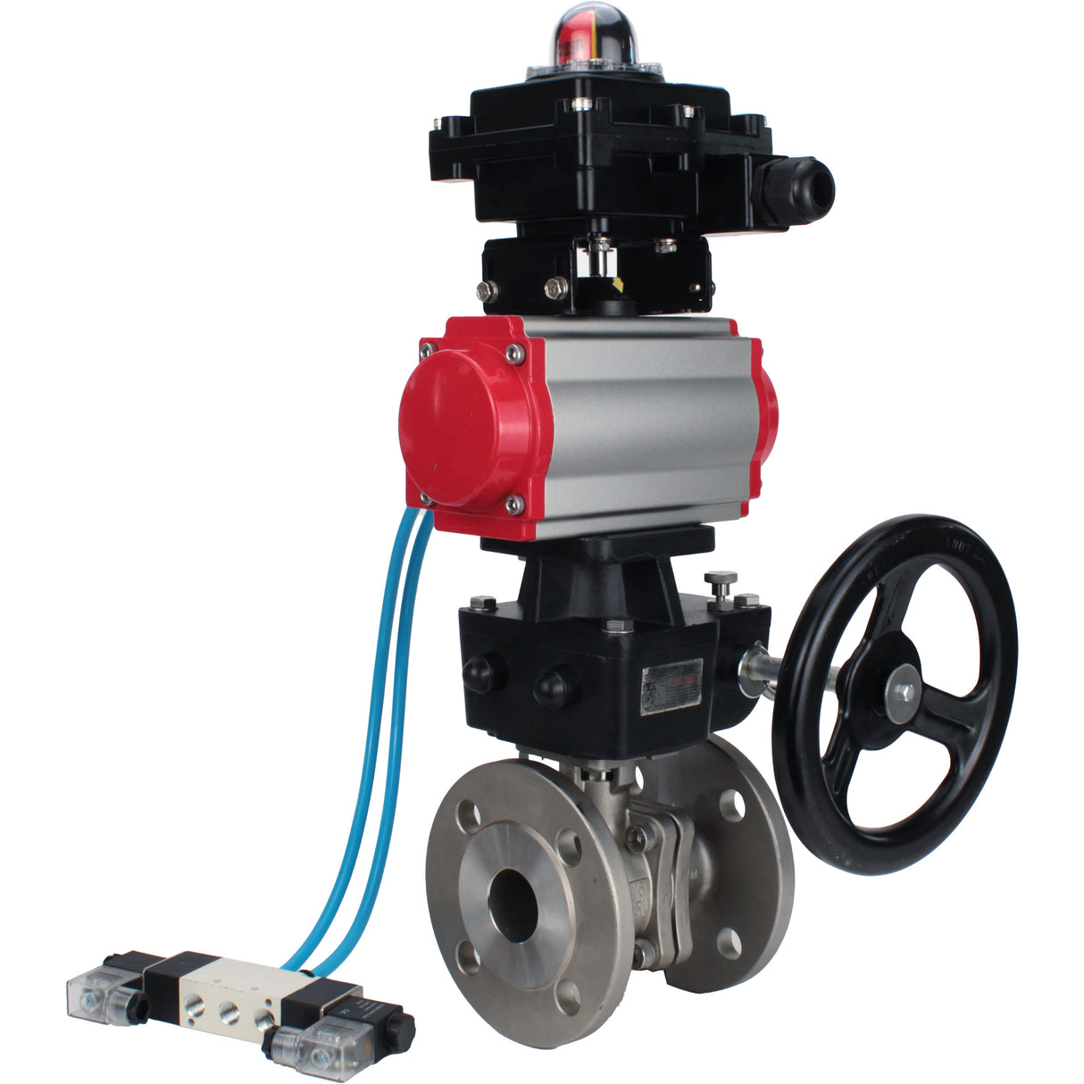 Kugelhähne Elephant BV3232P(2 Stück)-FP-F-ISO-H, Vollbohrung mit Flansch, Edelstahl SS316, PTFE, mit doppeltwirkendem PA-DA Pneumatik-Antrieb, mit pneumatischem Verteiler 4V320-08 220V, mit LSU APL -410N EX, mit manuellem Doubler MON