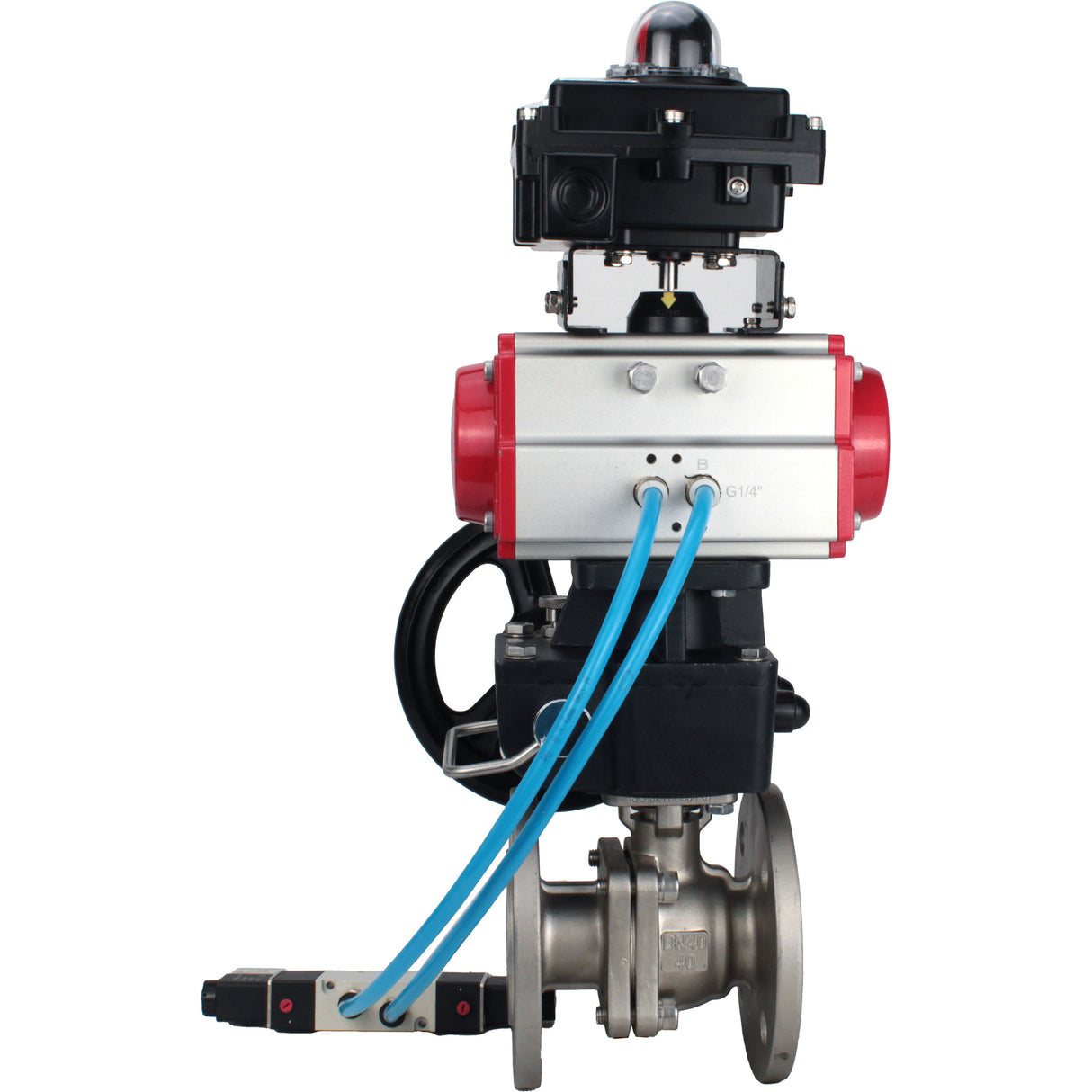 Kugelhähne Elephant BV3232P(2 Stück)-FP-F-ISO-H, Vollbohrung mit Flansch, Edelstahl SS316, PTFE, mit doppeltwirkendem PA-DA Pneumatik-Antrieb, mit pneumatischem Verteiler 4V320-08 220V, mit LSU APL -410N EX, mit manuellem Doubler MON