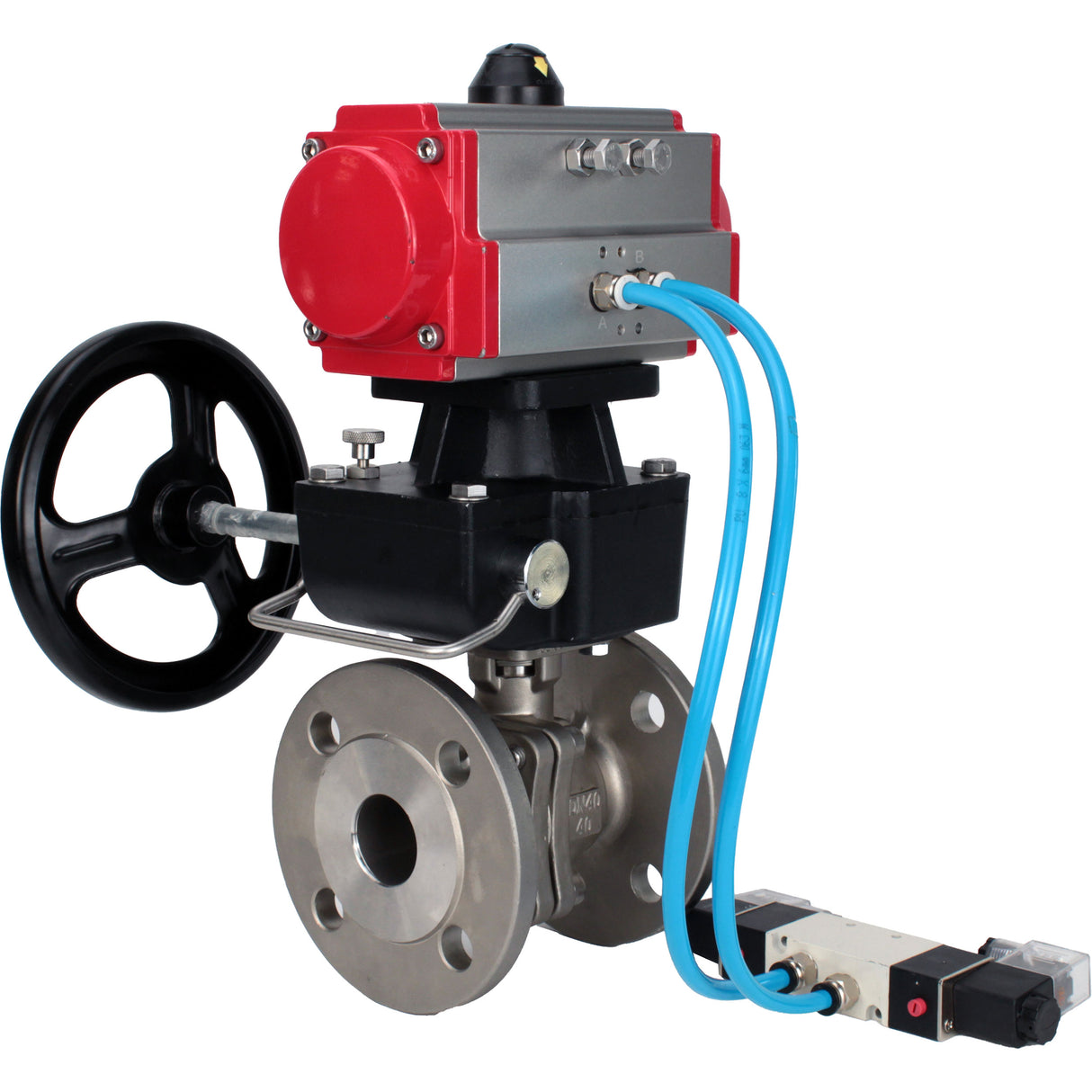 Kugelhähne Elephant BV3232P(2 Stück)-FP-F-ISO-H DN15-300 16 bar/16, voll durchgangsflansch, Edelstahl SS316, Dichtung - PTFE, mit doppeltwirkendem PA-DA Pneumatik-Antrieb, mit Pneumatikverteiler 4V320-08 220V, mit manuellem Doubler MON