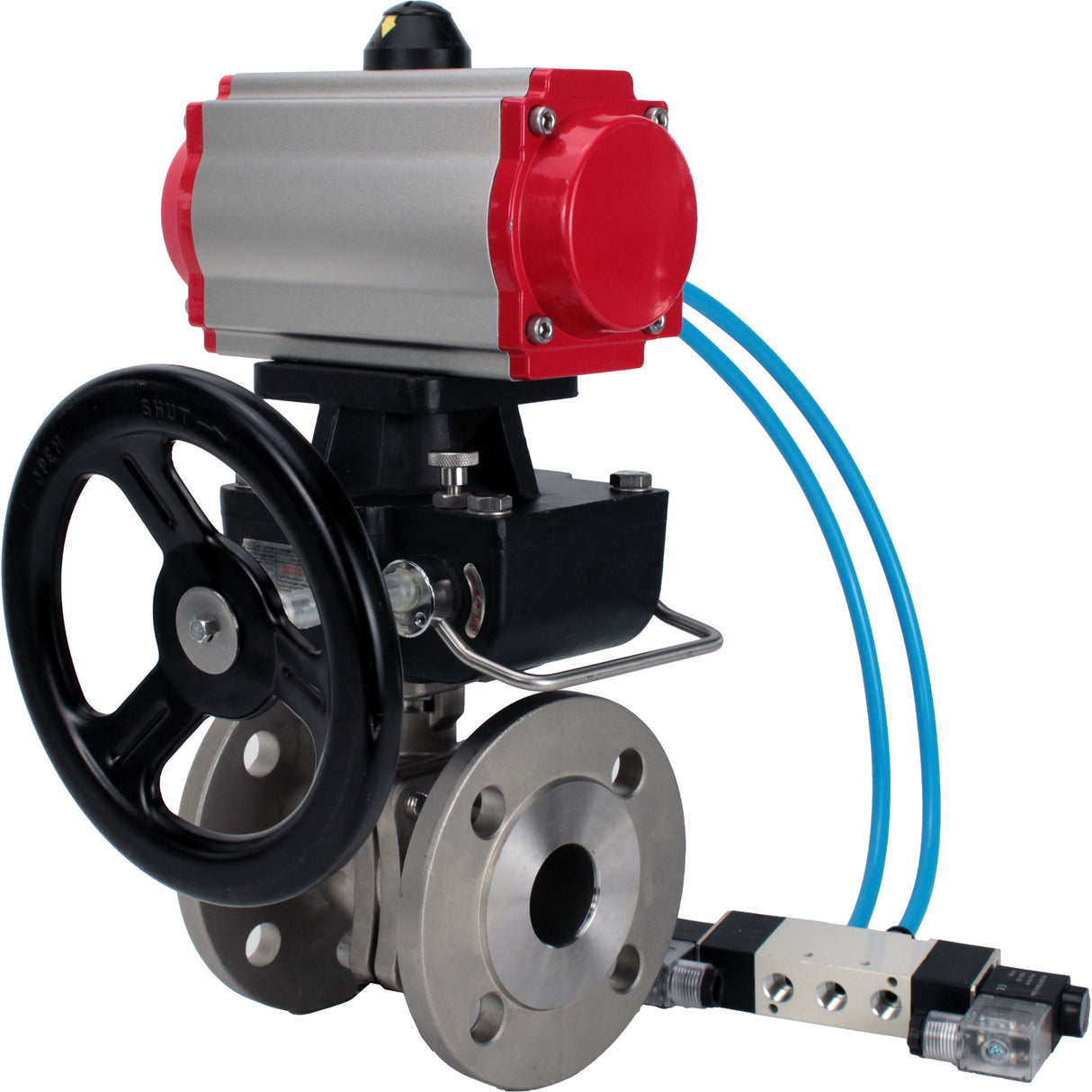 Kugelhähne Elephant BV3232P(2 Stück)-FP-F-ISO-H DN15-300 16 bar/16, voll durchgangsflansch, Edelstahl SS316, Dichtung - PTFE, mit doppeltwirkendem PA-DA Pneumatik-Antrieb, mit Pneumatikverteiler 4V320-08 220V, mit manuellem Doubler MON