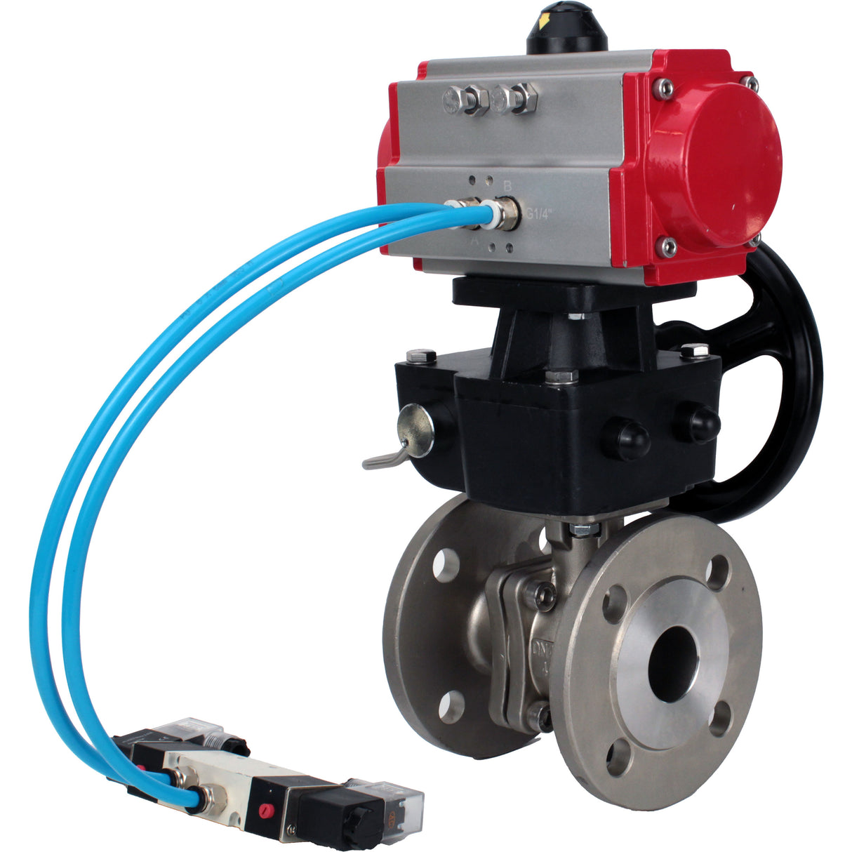 Kugelhähne Elephant BV3232P(2 Stück)-FP-F-ISO-H DN15-300 16 bar/16, voll durchgangsflansch, Edelstahl SS316, Dichtung - PTFE, mit doppeltwirkendem PA-DA Pneumatik-Antrieb, mit Pneumatikverteiler 4V320-08 220V, mit manuellem Doubler MON